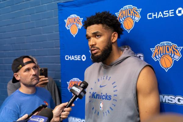 Karl-Anthony Towns, speaks with the media during practice at the Citadel McAlister Field House, October 3, 2024 in Charleston, SC.